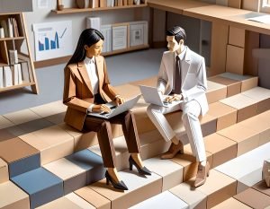 origami style illustration of professional woman and man sitting with their laptops on a staircase in their office - mentoring concept