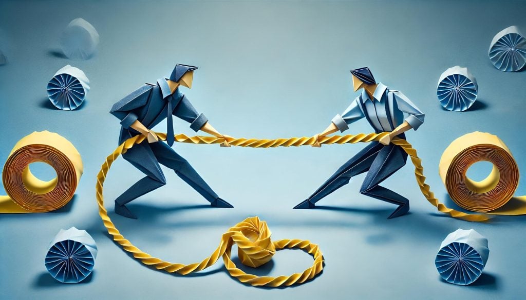 Origami art stock illustration of two men in business attire playing tog of war with a rope - internal team communication concept