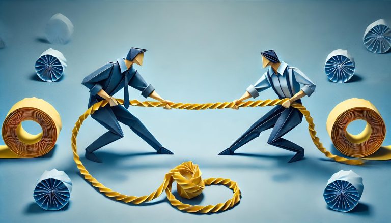 Origami art stock illustration of two men in business attire playing tog of war with a rope - internal team communication concept