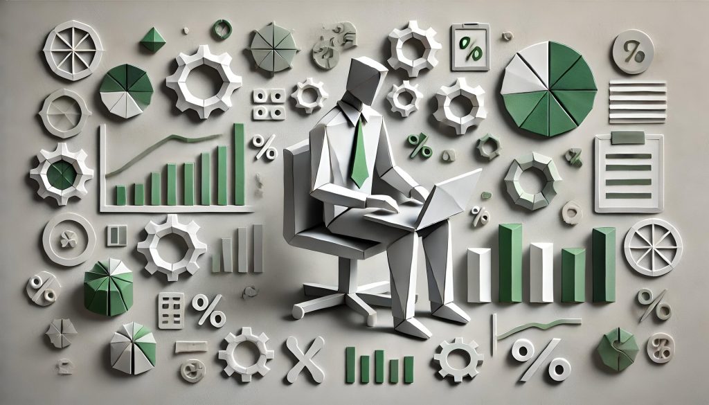 Origami style image of a businessman sitting in a chair with computer against a backdrop of various web and business icons