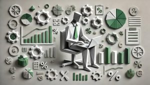 Origami style image of a businessman sitting in a chair with computer against a backdrop of various web and business icons