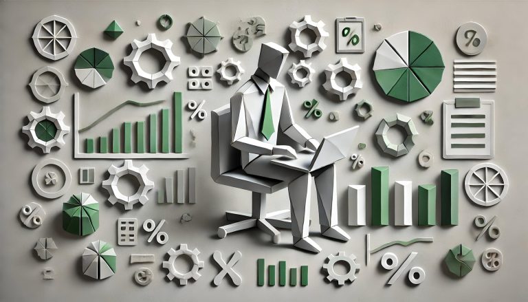 Origami style image of a businessman sitting in a chair with computer against a backdrop of various web and business icons