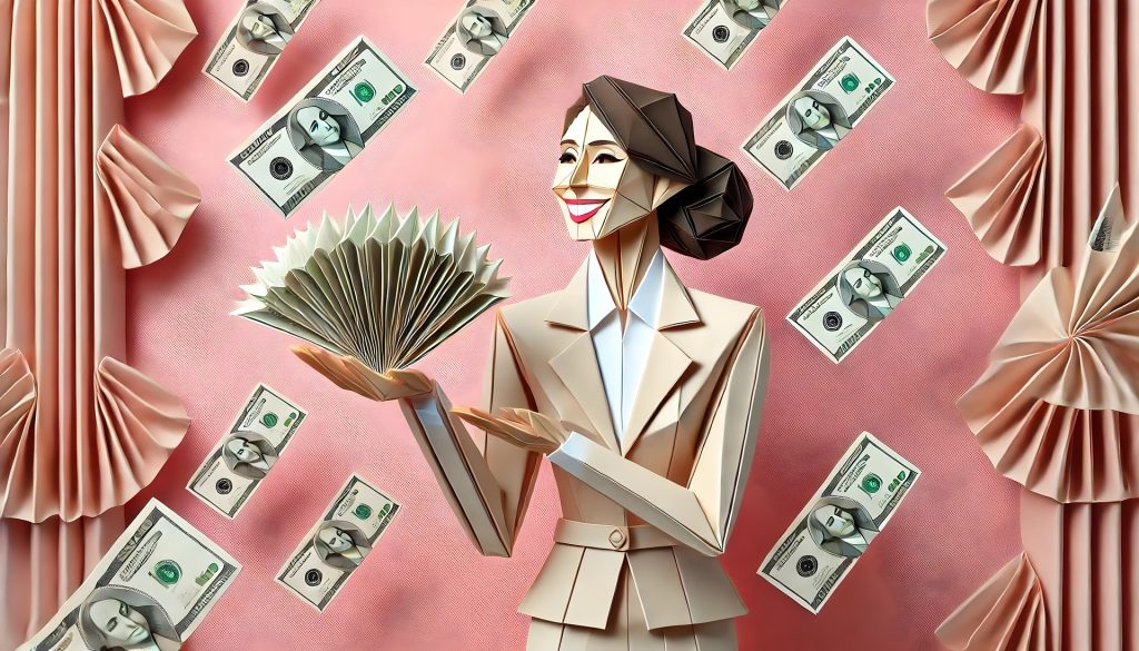 Origami style image of a woman in business attire holding a wad of cash with dollars floating in the background behind her.
