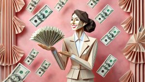Origami style image of a woman in business attire holding a wad of cash with dollars floating in the background behind her.